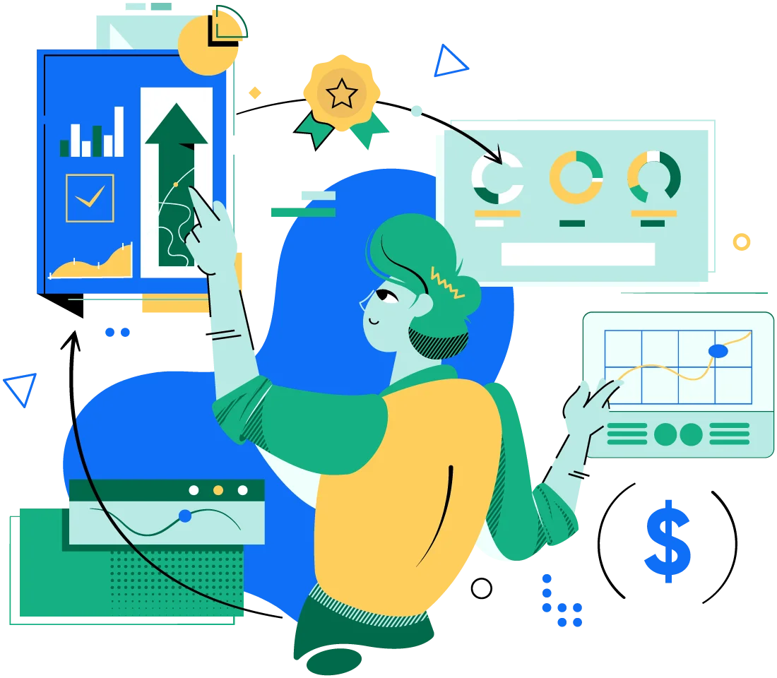 An illustration of a marketing team using a toolkit of ad channels and analytics.