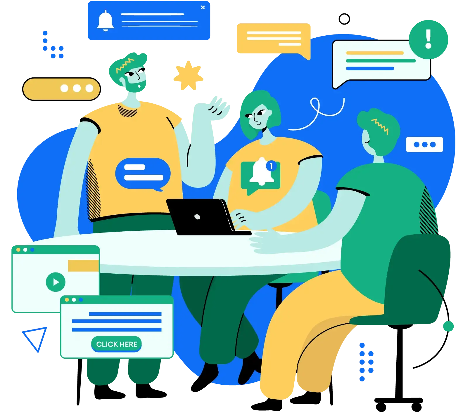 An illustration of a media buy team collaborating on a user acquisition campaign.