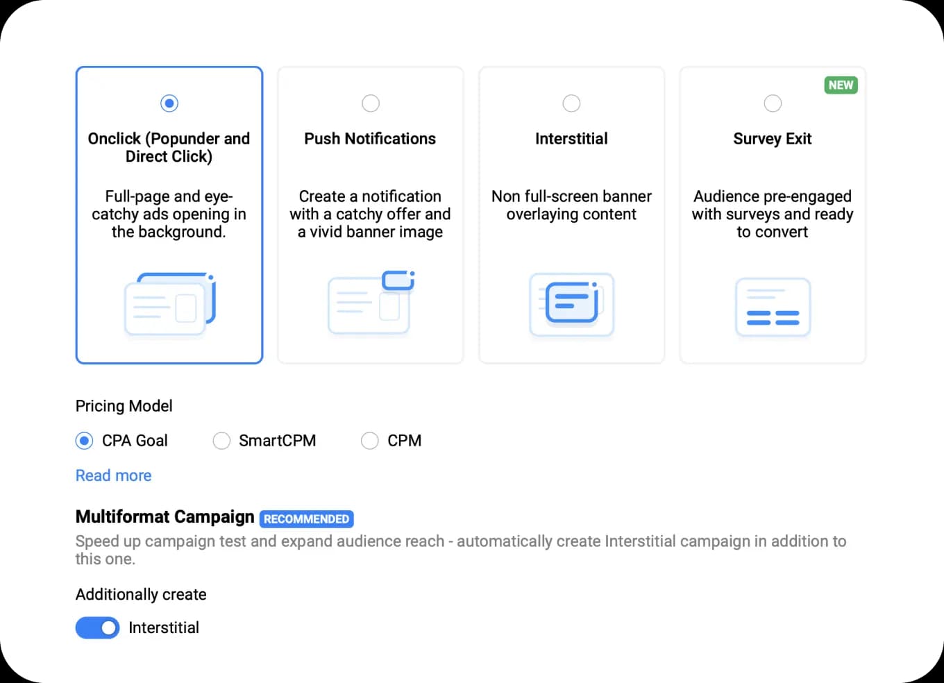 An interface showing multi-format campaign setup options for scaling.