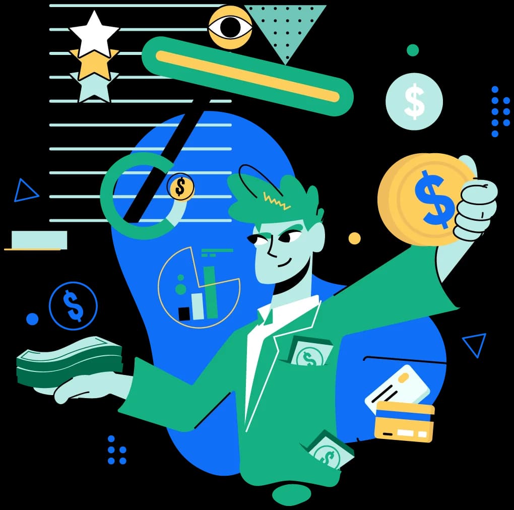 An illustration of a person holding a coin, surrounded by financial symbols like charts, dollar signs, and credit cards.