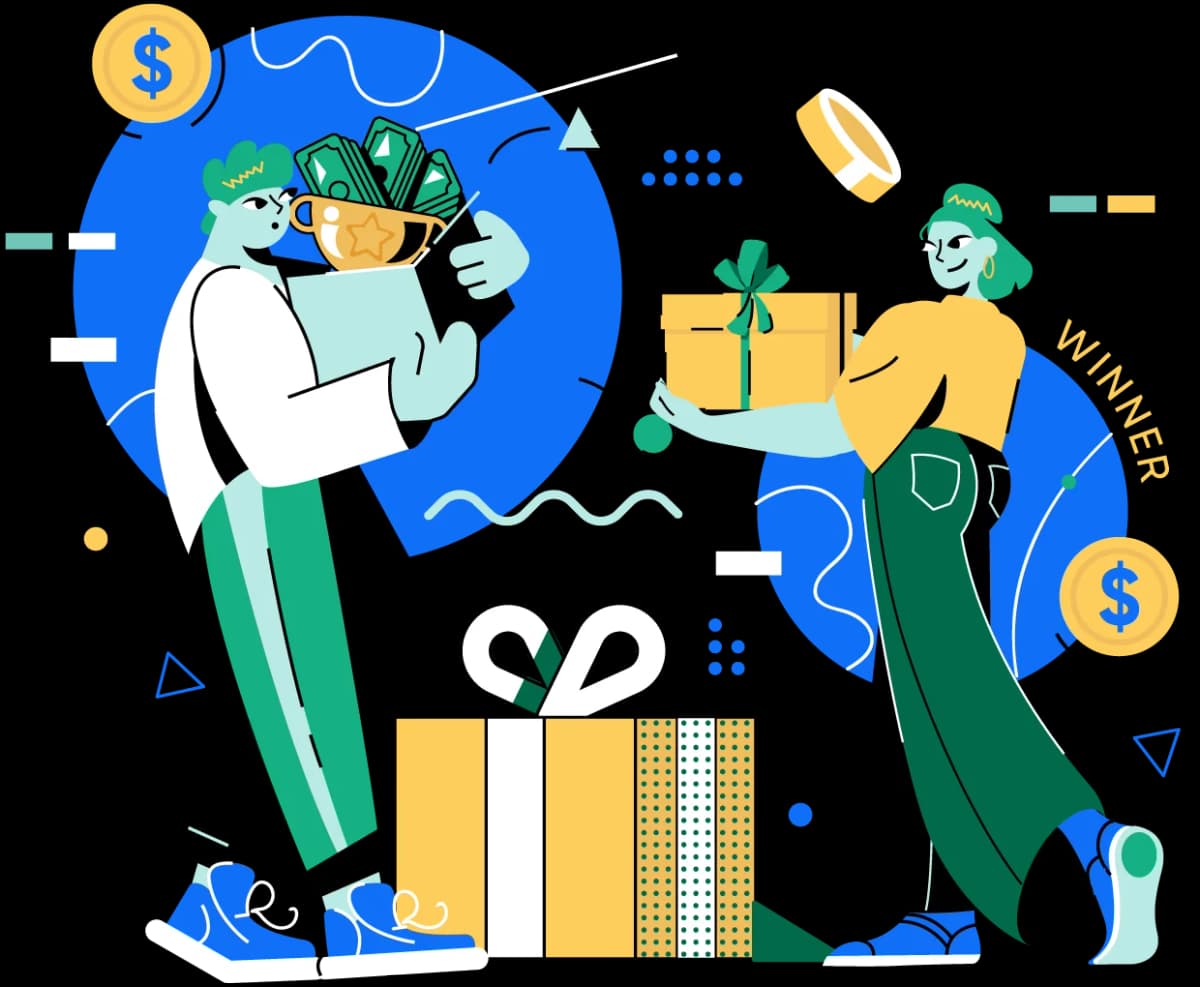 An illustration of marketers celebrating successful lead generation campaigns with trophies and gifts.