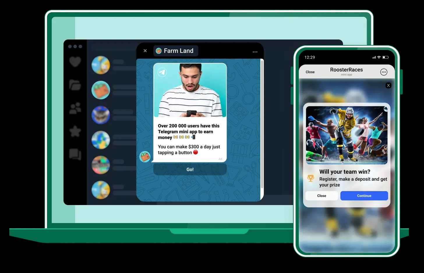 An example of an advertisement within a Telegram mini app on mobile and desktop.