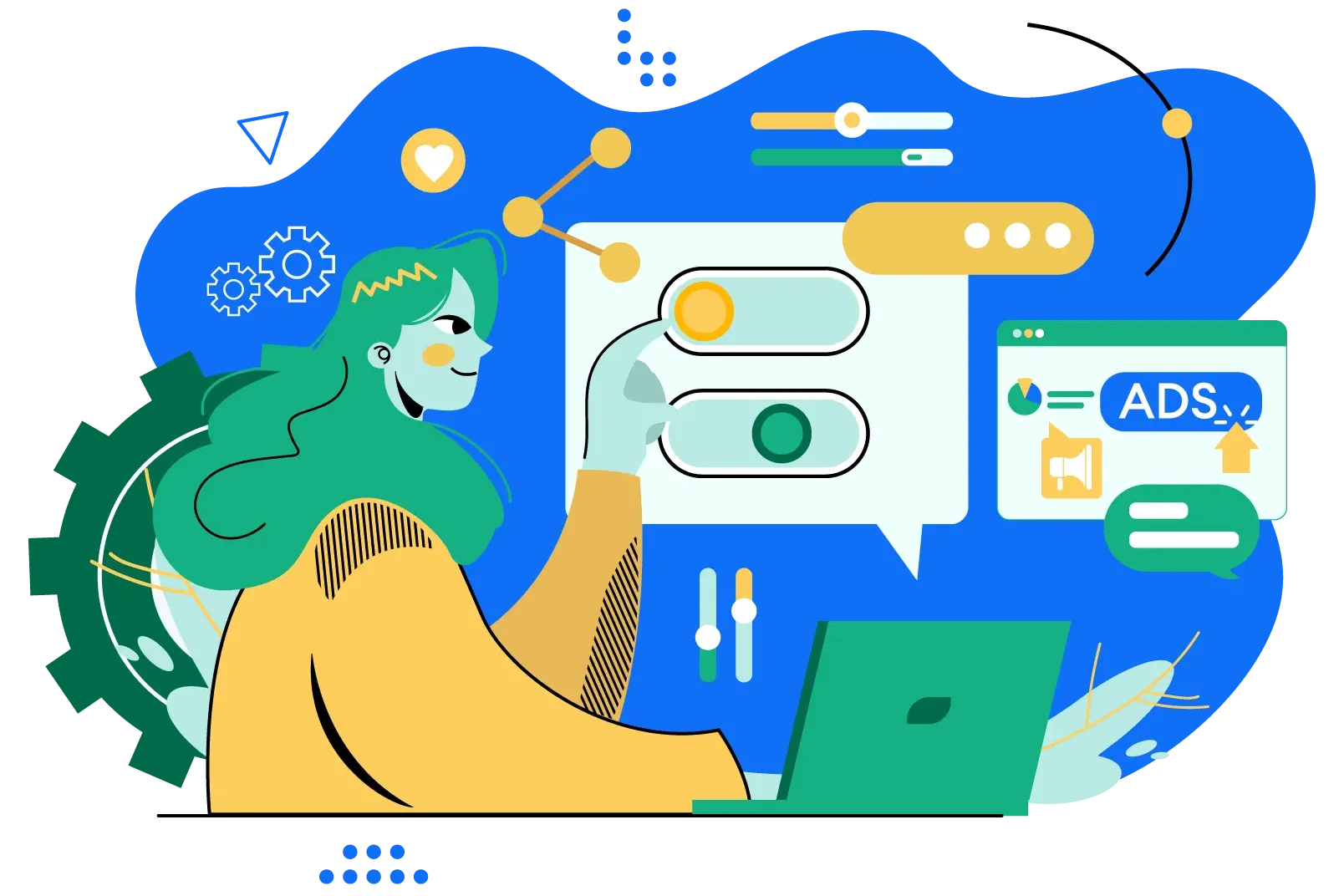 An illustration of a person at a laptop managing a brand promotion campaign.