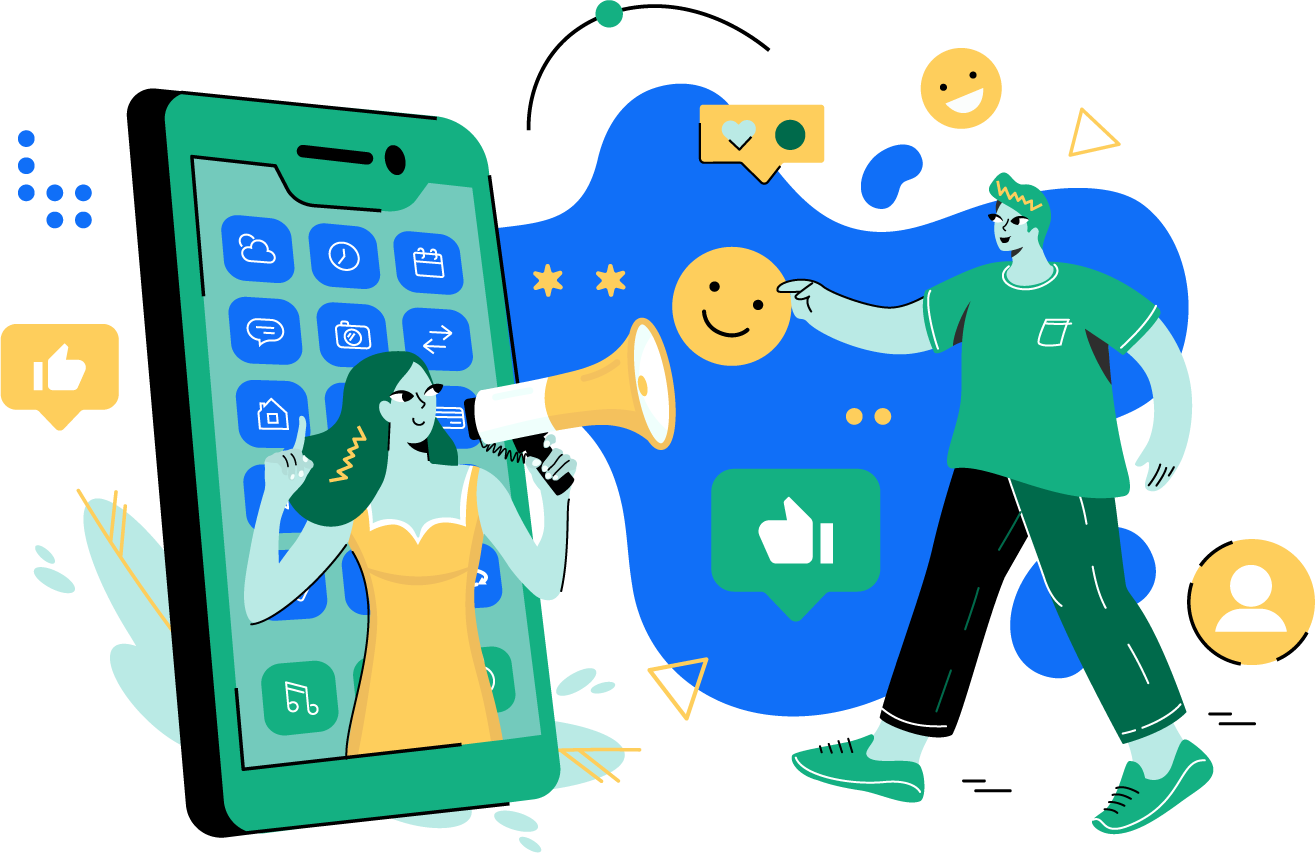 An illustration of people using a mobile phone to engage with an audience.